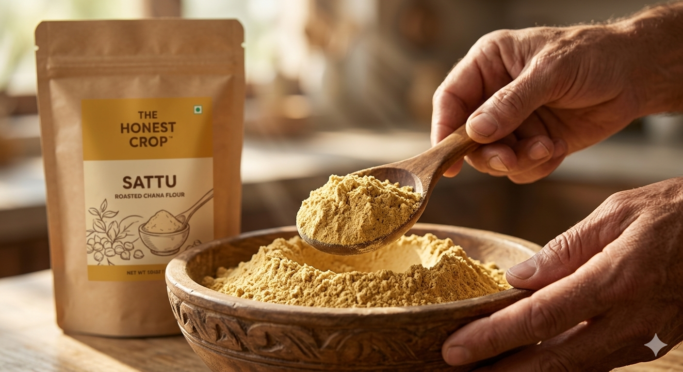 Hands scooping stone-ground flour
